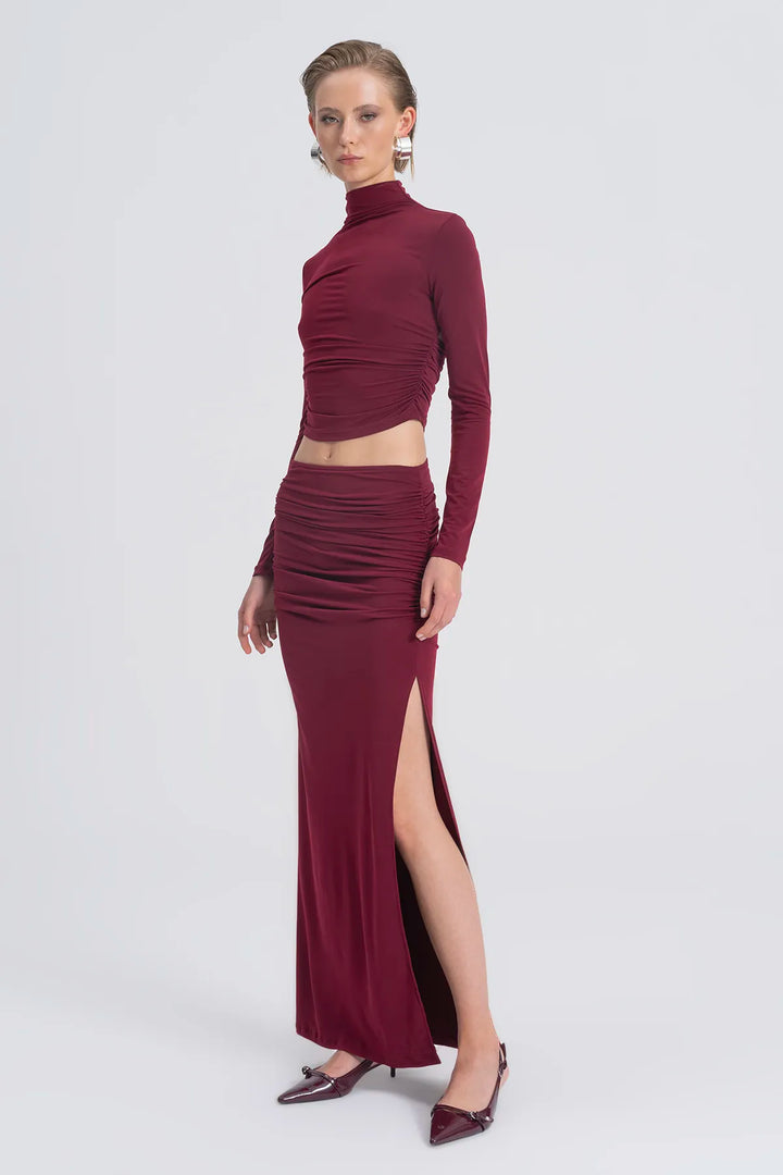 Draped Long Skirt - Burgundy