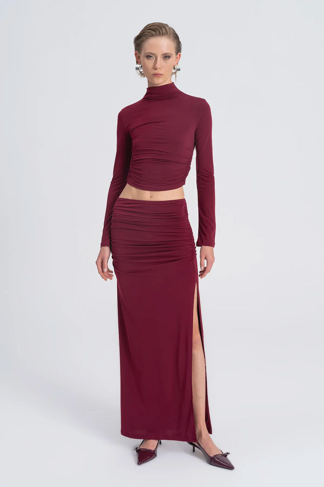 Draped Long Skirt - Burgundy