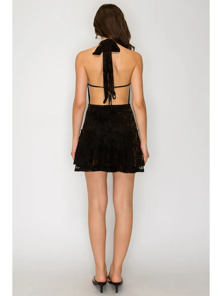 Floral Burn Out Mesh Halter Plunge Mini Dress