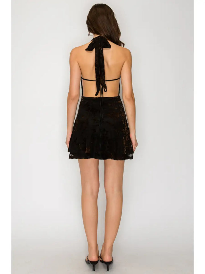 Floral Burn Out Mesh Halter Plunge Mini Dress