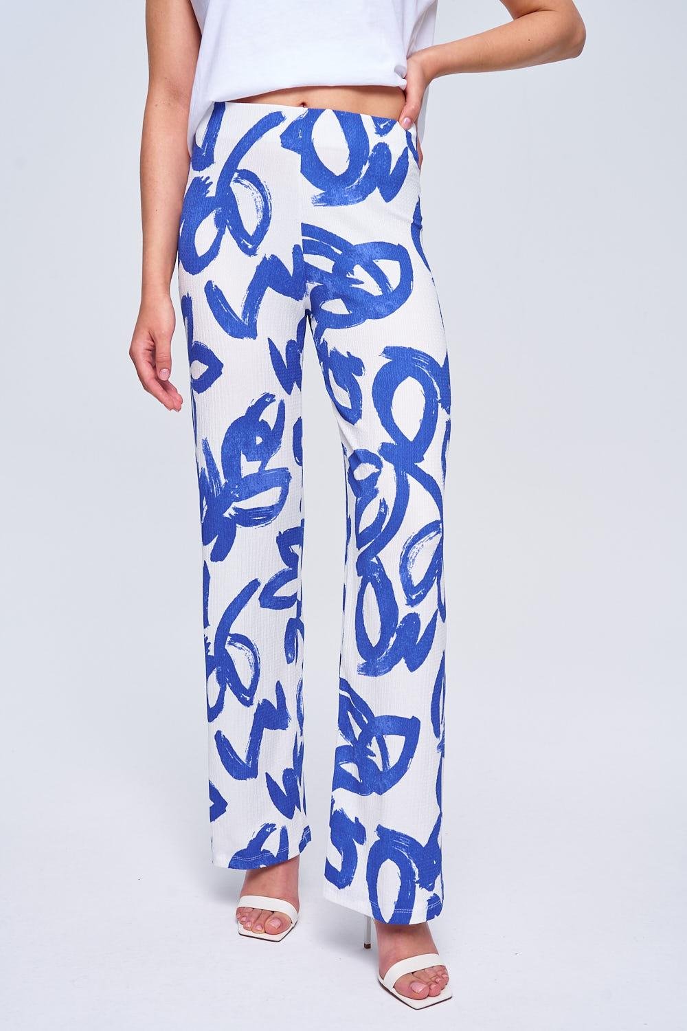 Elastic Waist White Blue Pant