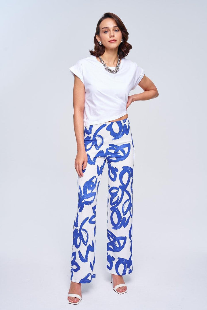 Elastic Waist White Blue Pant