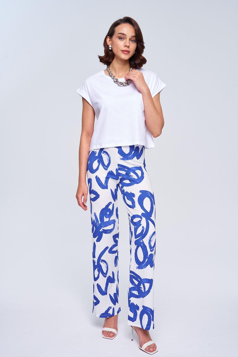 Elastic Waist White Blue Pant