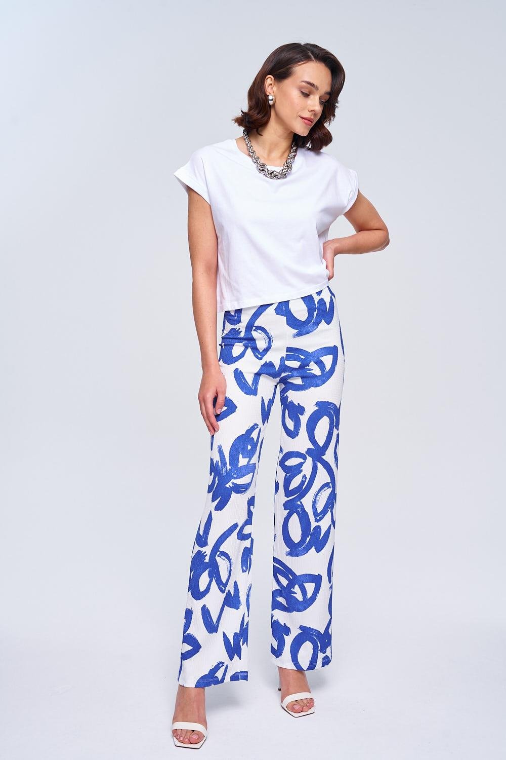 Elastic Waist White Blue Pant