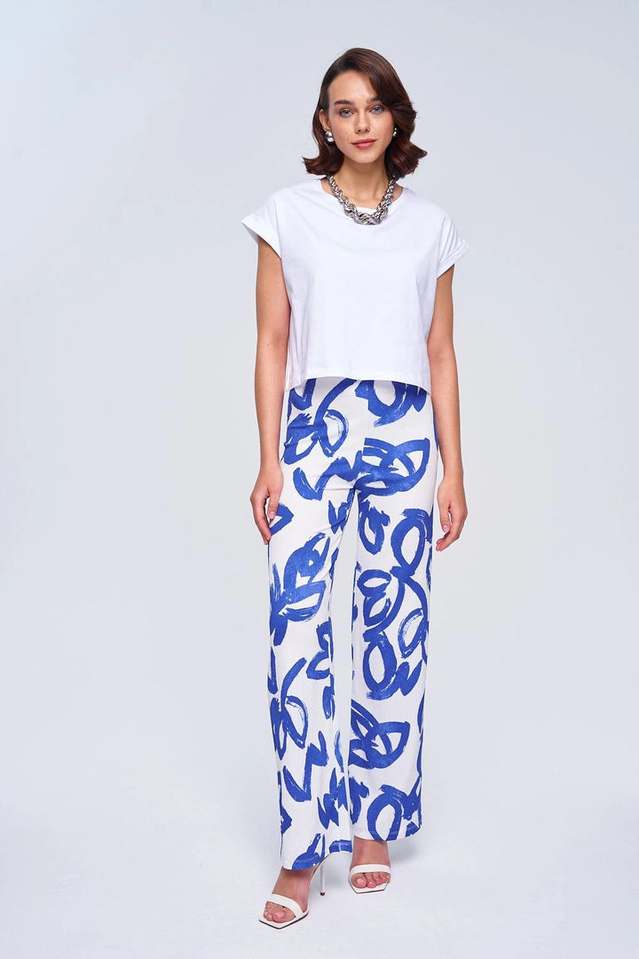 Elastic Waist White Blue Pant