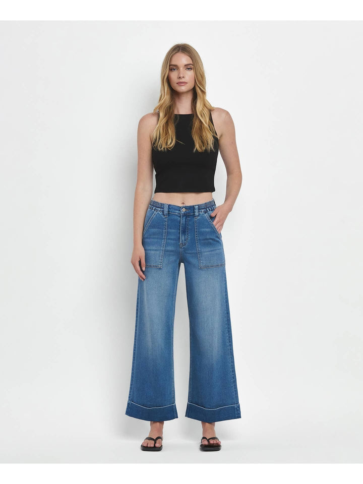 High Rise Double Cuffed Baggy Wide Jeans - Vervet By Flying Monkey
