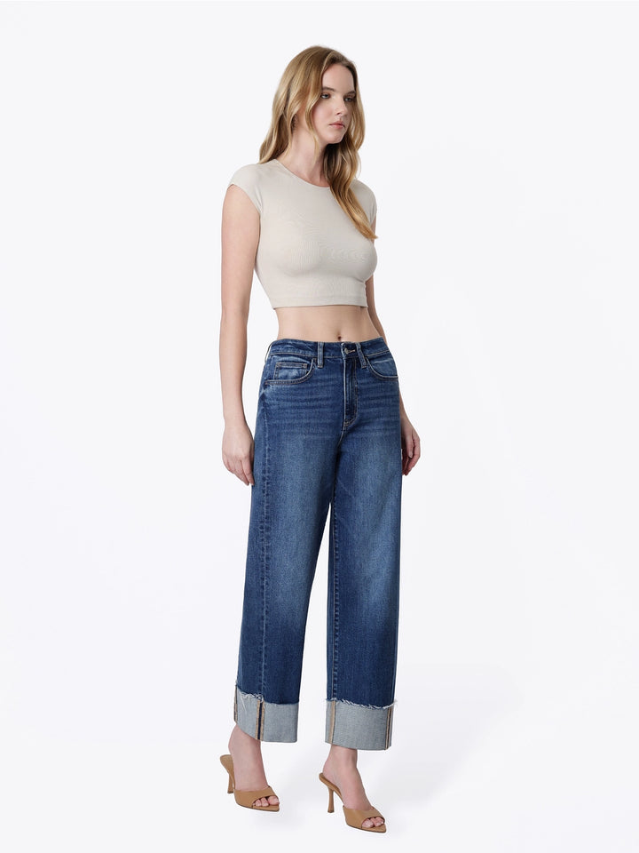 Super High Rise Side Paneled Cuff Barrel Jeans - Flying Monkey