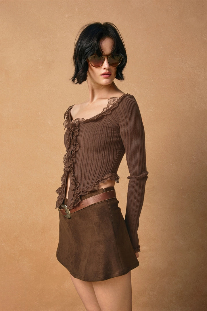 Windward Lace Trim Button Down Knit Top