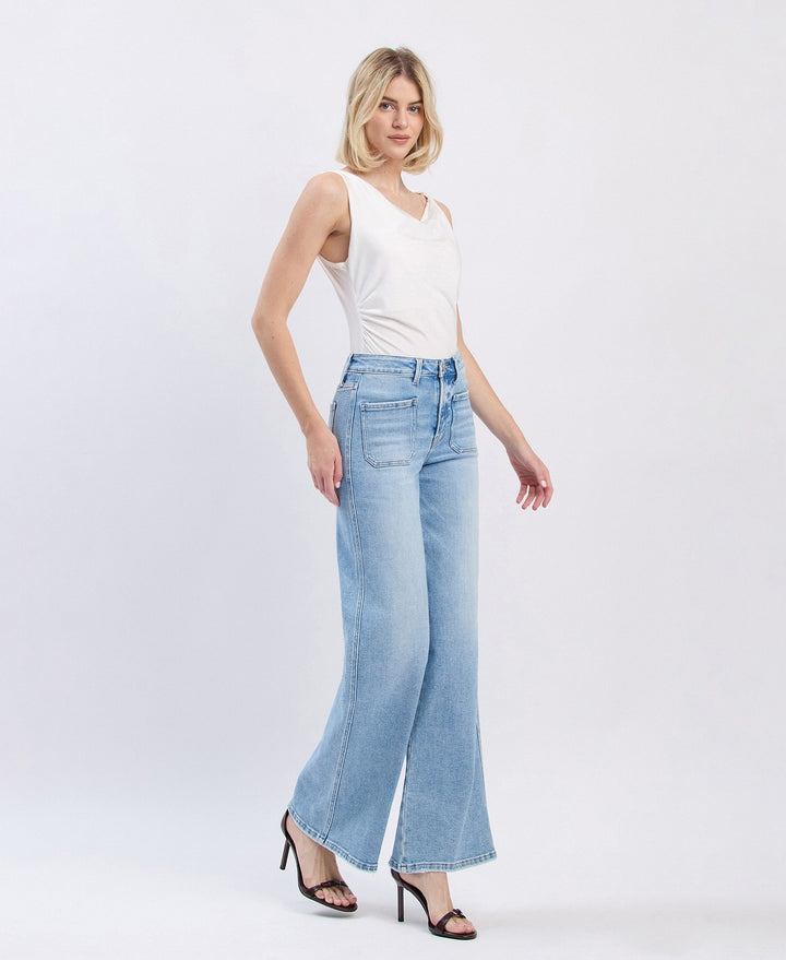 High Rise Patch Pocket Wide Leg Jeans - Flying Monkey
