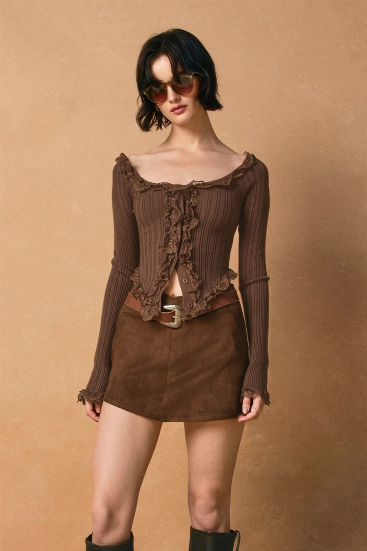 Windward Lace Trim Button Down Knit Top