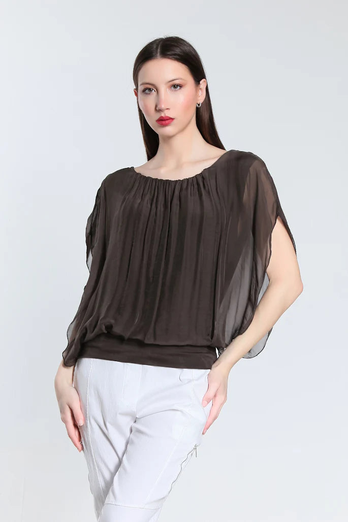 Aurora Flutter Fly Sleeve Silk Top w/ Band Bottom - Espresso - Tees By Tina