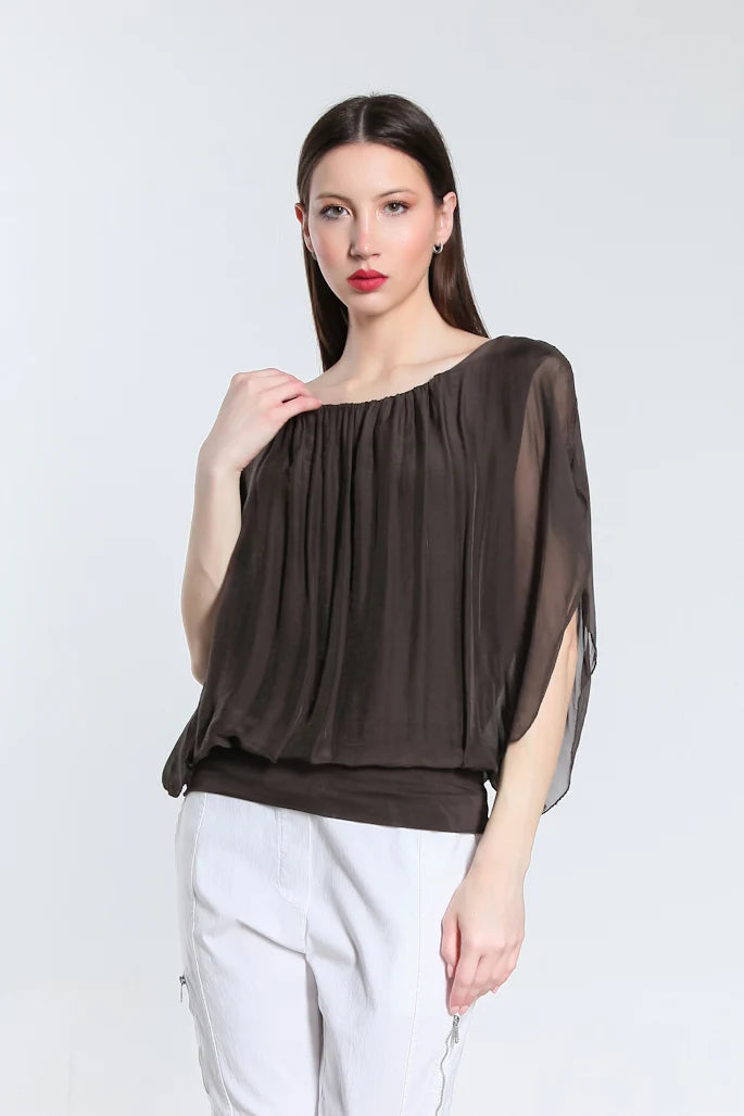 Aurora Flutter Fly Sleeve Silk Top w/ Band Bottom - Espresso - Tees By Tina