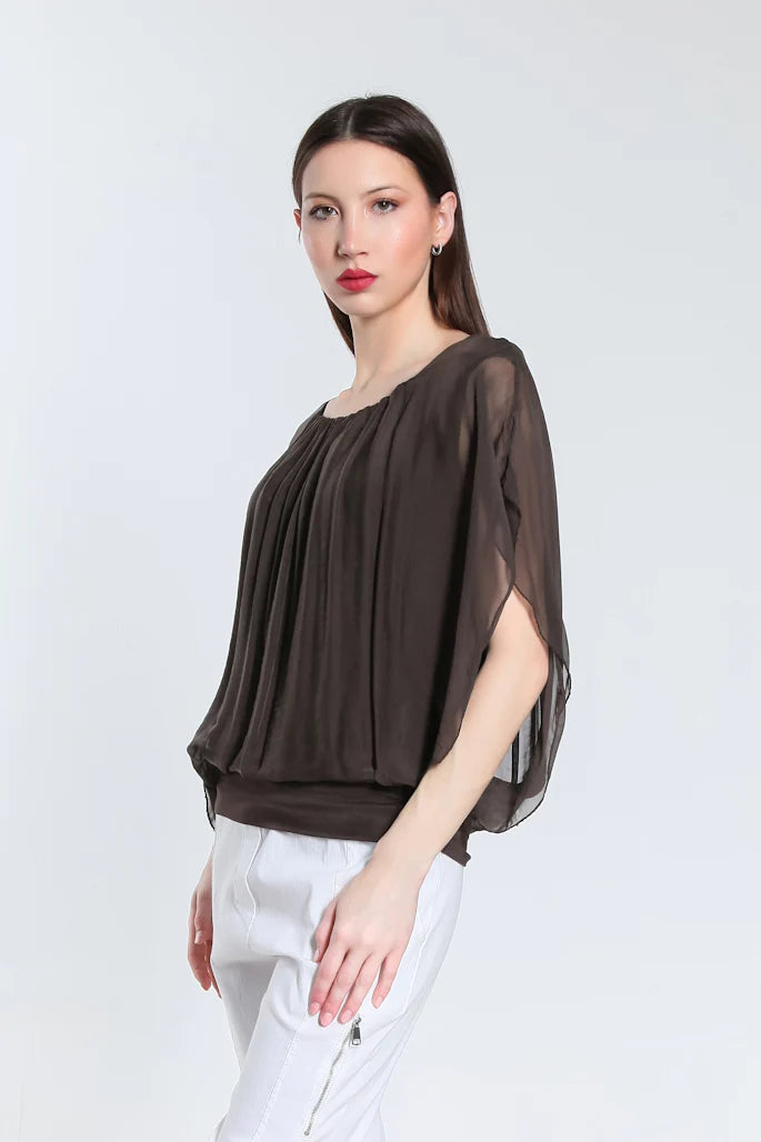 Aurora Flutter Fly Sleeve Silk Top w/ Band Bottom - Espresso - Tees By Tina