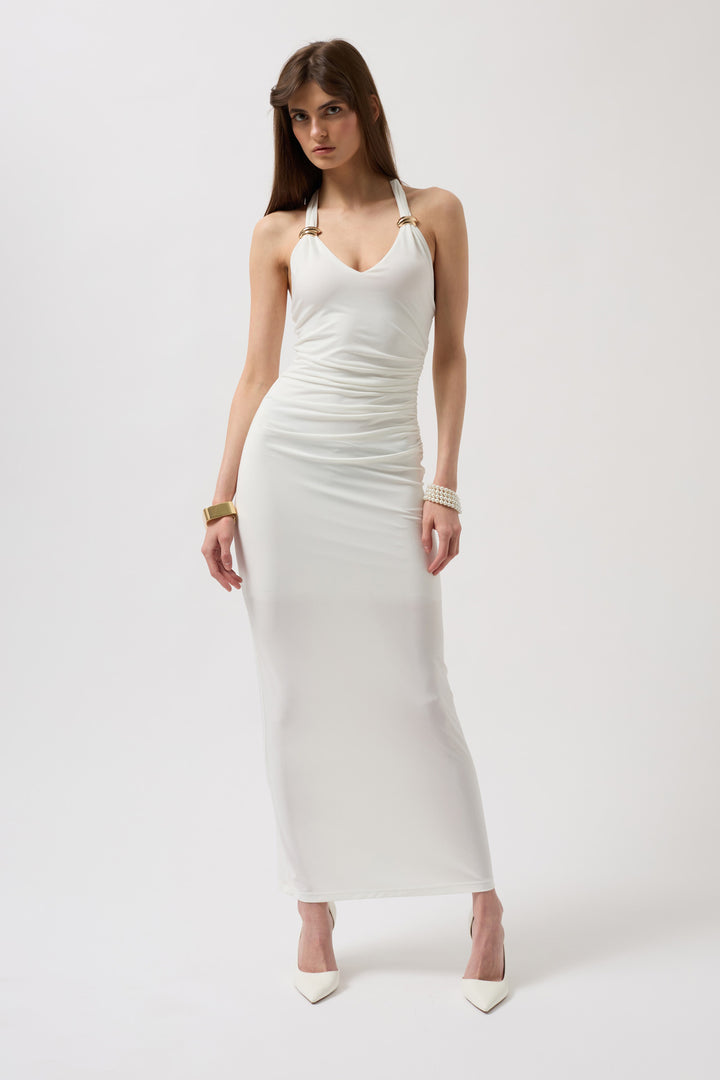 Side view of white Anabel midi dress with cinched waist and feminine A-line shape