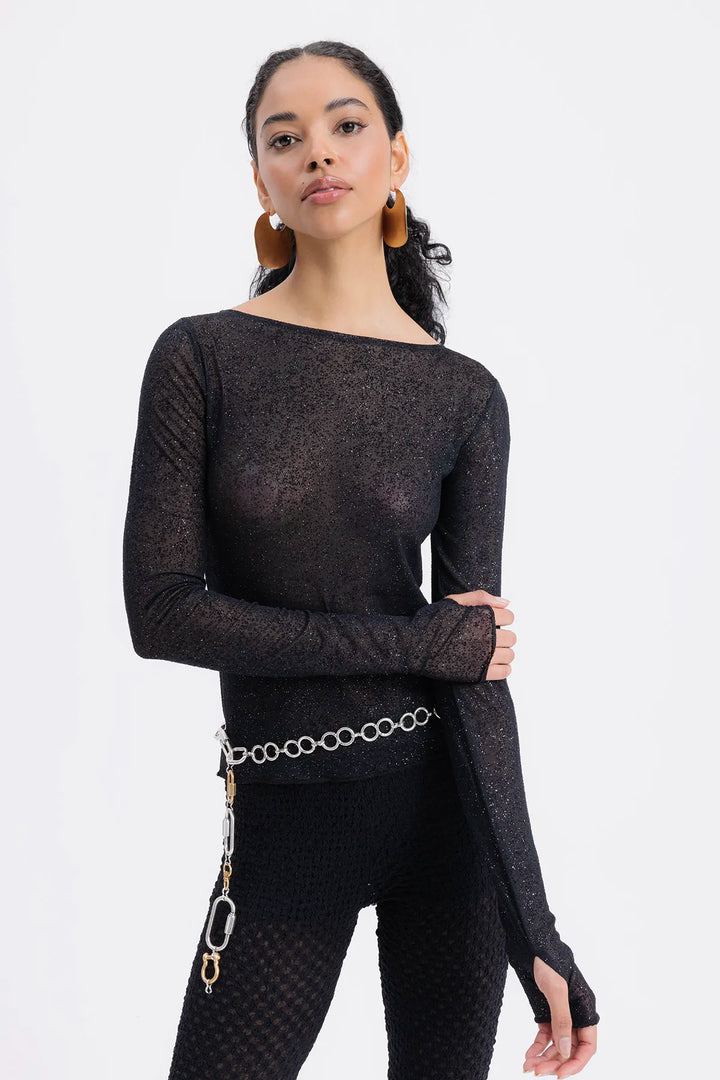 Giulia Sparkling Mesh Top – Black