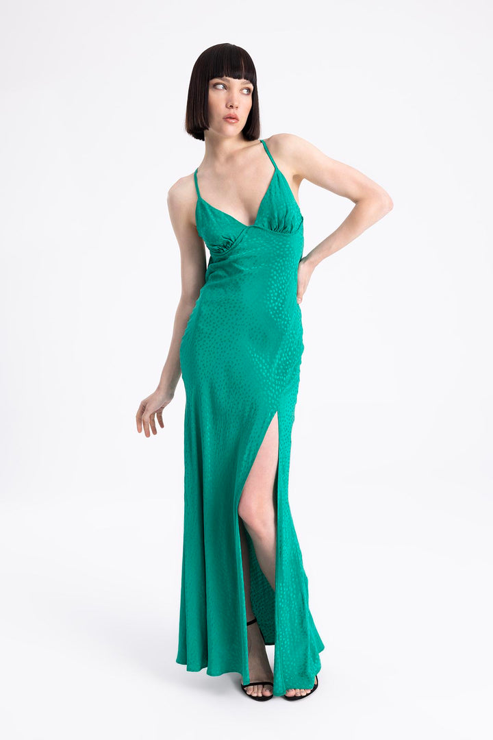 Satin Open Back Green Maxi Dress