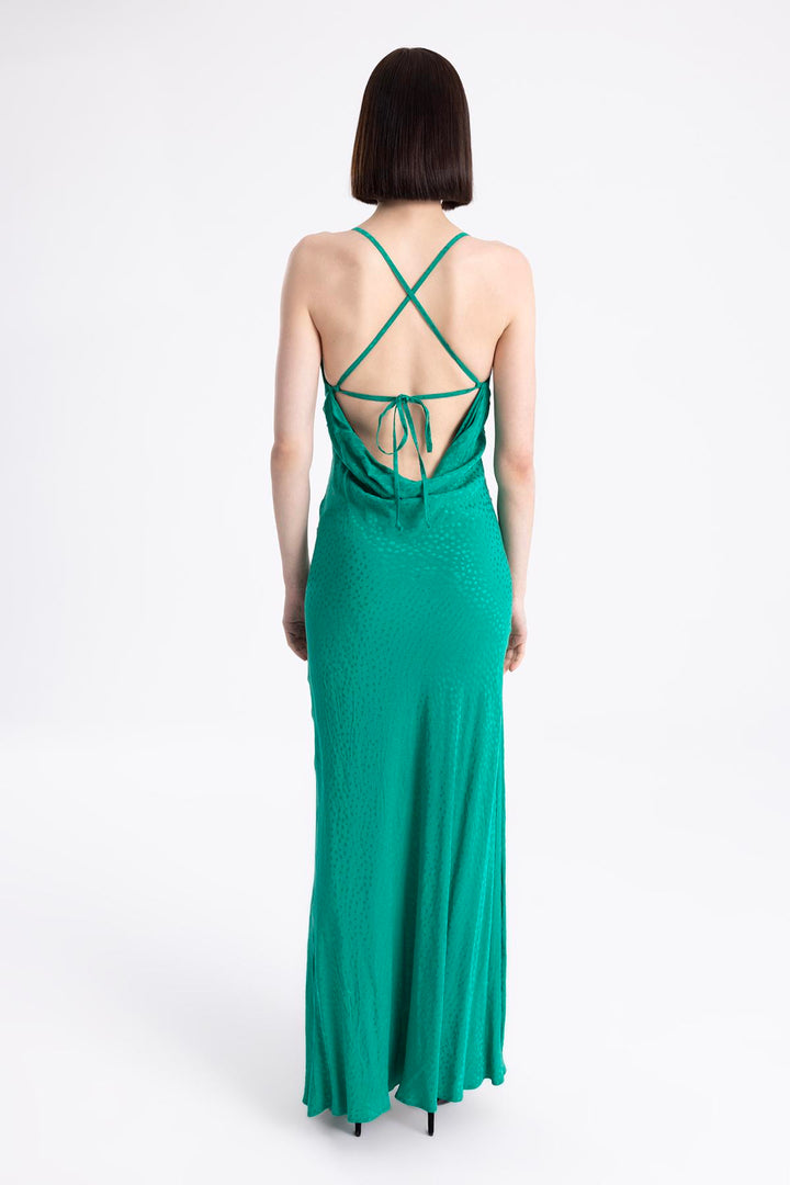 Satin Open Back Green Maxi Dress