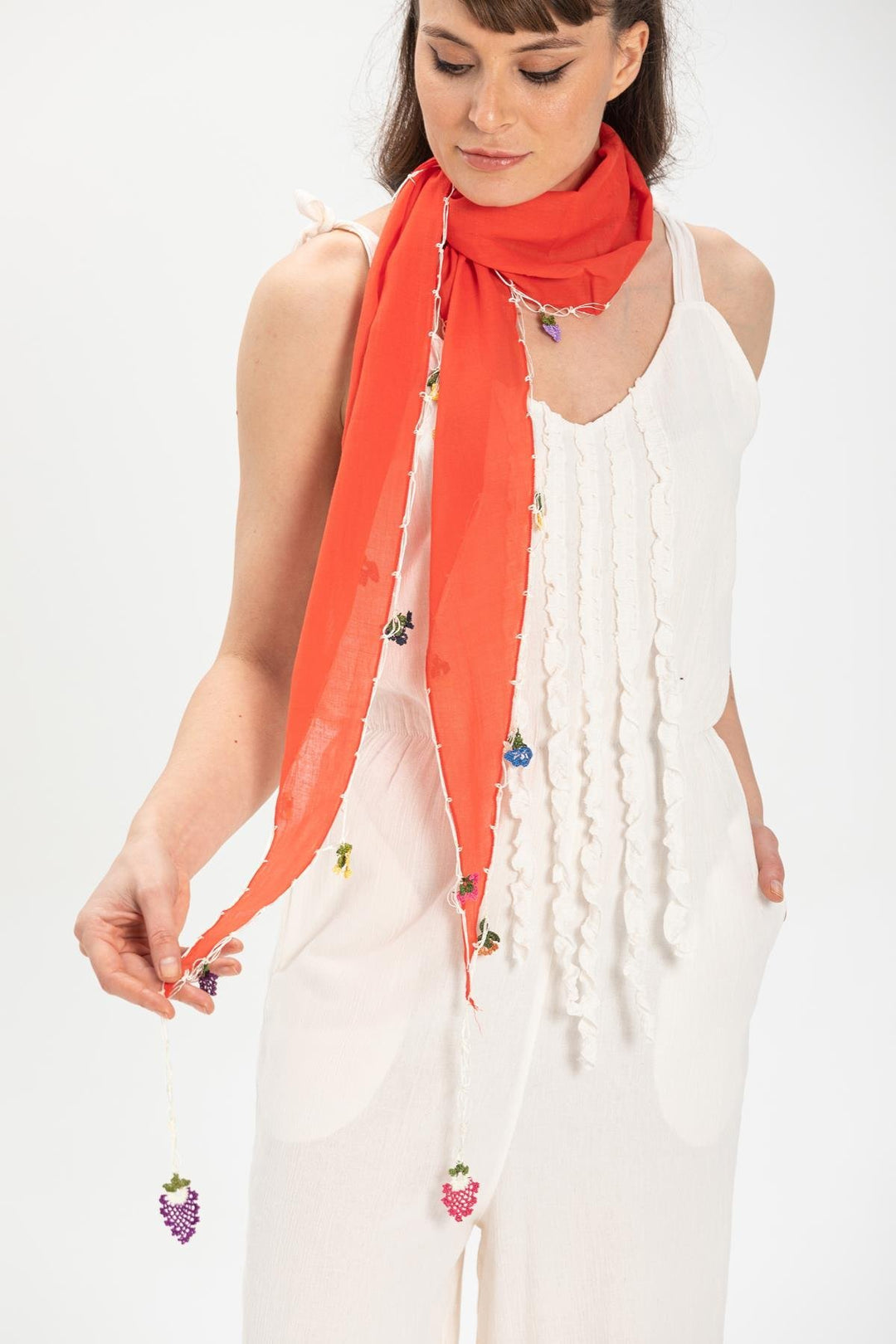 Hand-Embroidered Scarf - Red