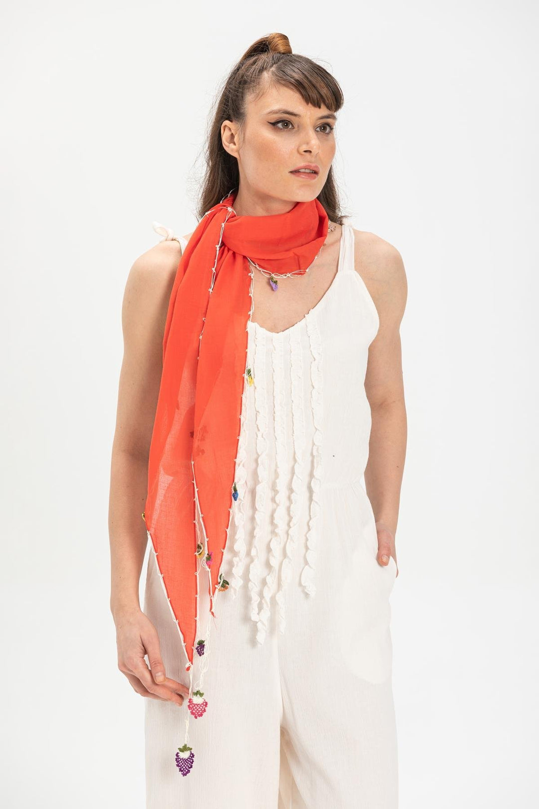 Hand-Embroidered Scarf - Red