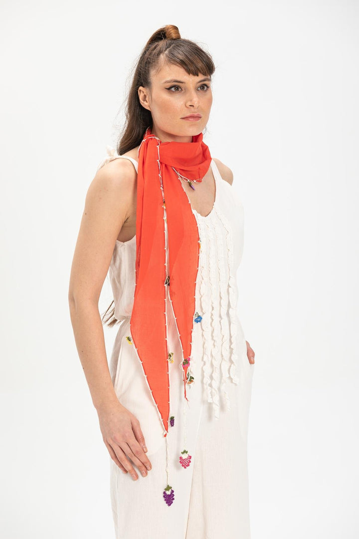 Hand-Embroidered Scarf - Red