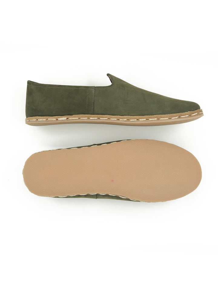 Men's Army Green Slip On Shoes - Nubuck Leather