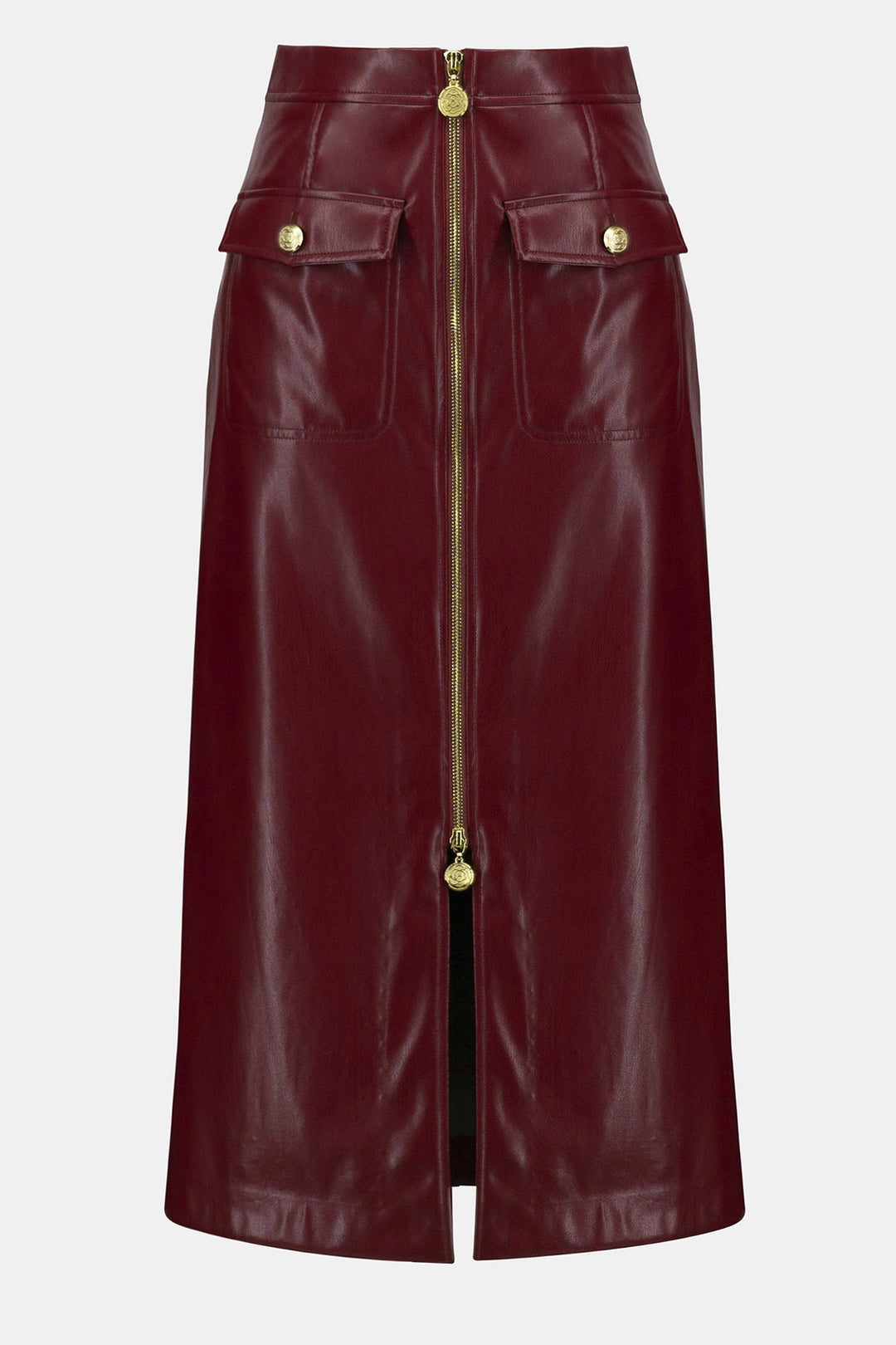 Maroon leather skirt with gold zipper and buttons on a light gray background