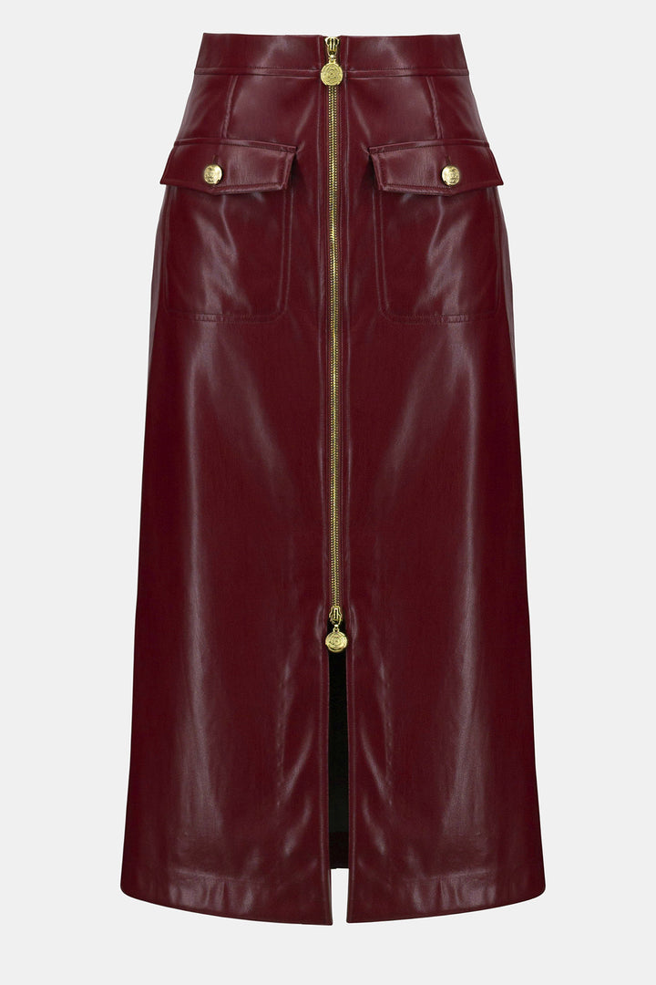 Maroon leather skirt with gold zipper and buttons on a light gray background