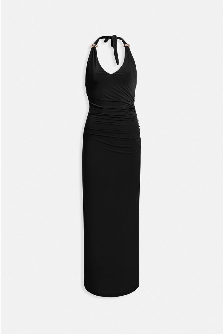 Black halter neck dress on a white background