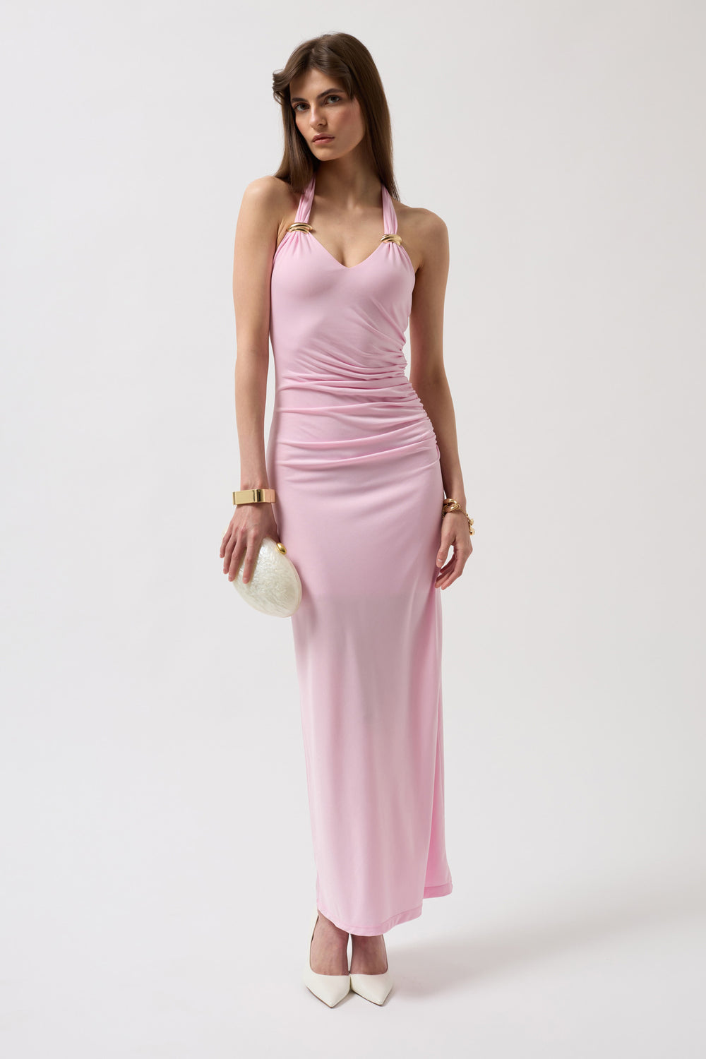 Feminine summer look with wispy pink Anabel dress styled with sandals and pearl accessories