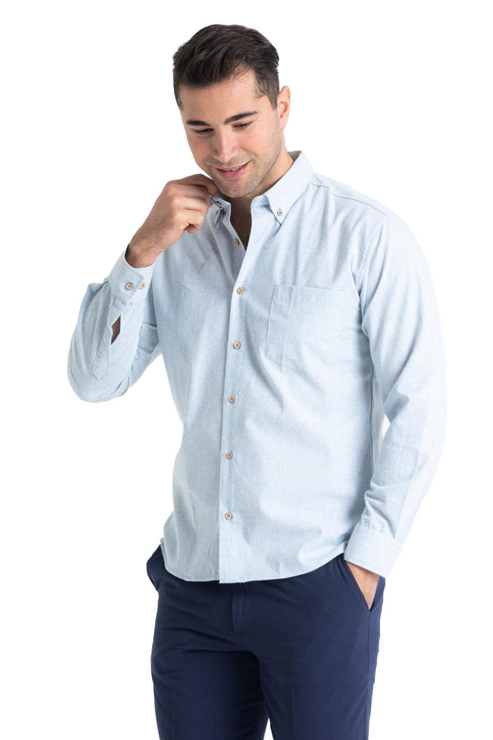 Men's Mediterranean blue long sleeve shirt with button-down front and relaxed fit – breezy and light