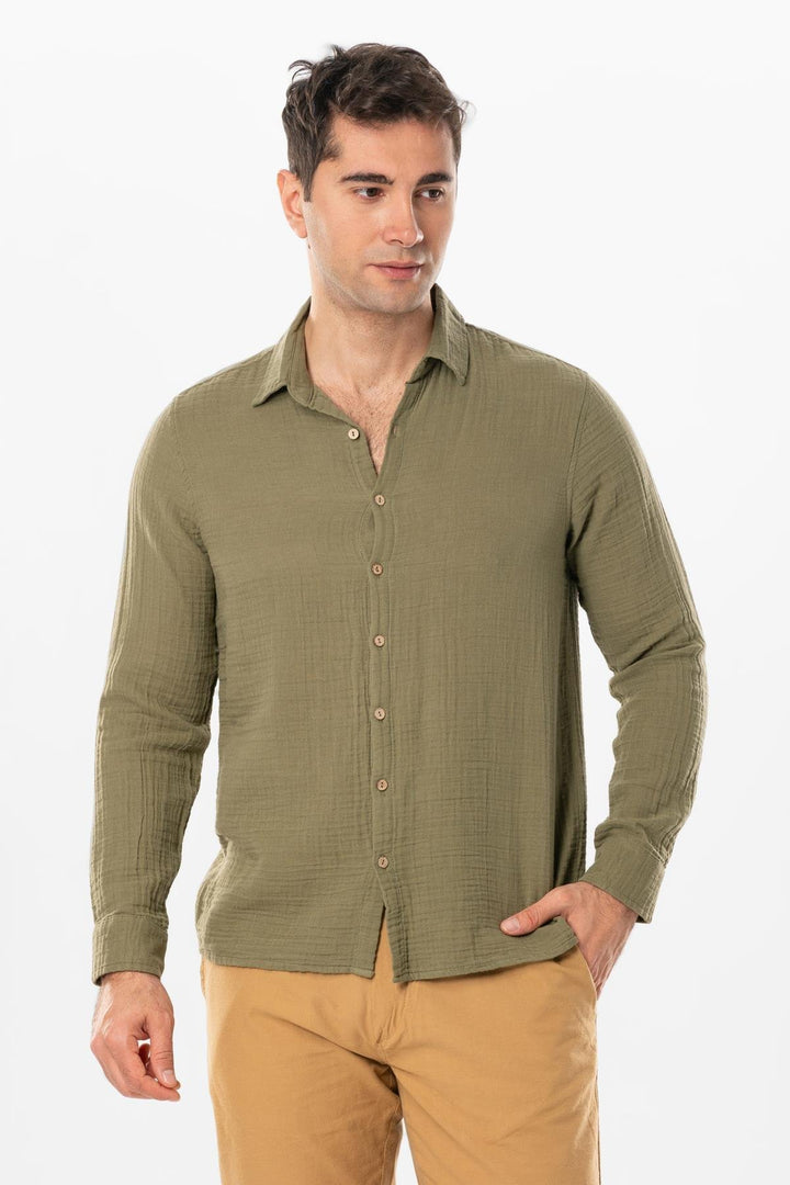 Men - Dark Khaki Gauze Long Sleeve Shirt