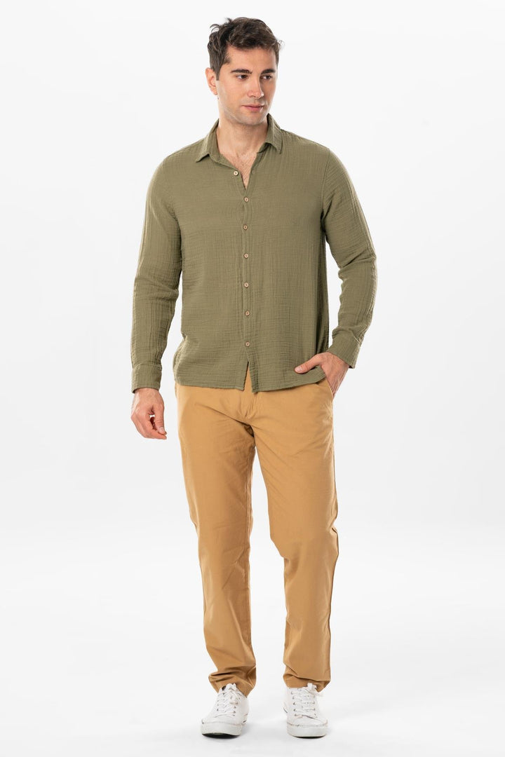 Men - Dark Khaki Gauze Long Sleeve Shirt