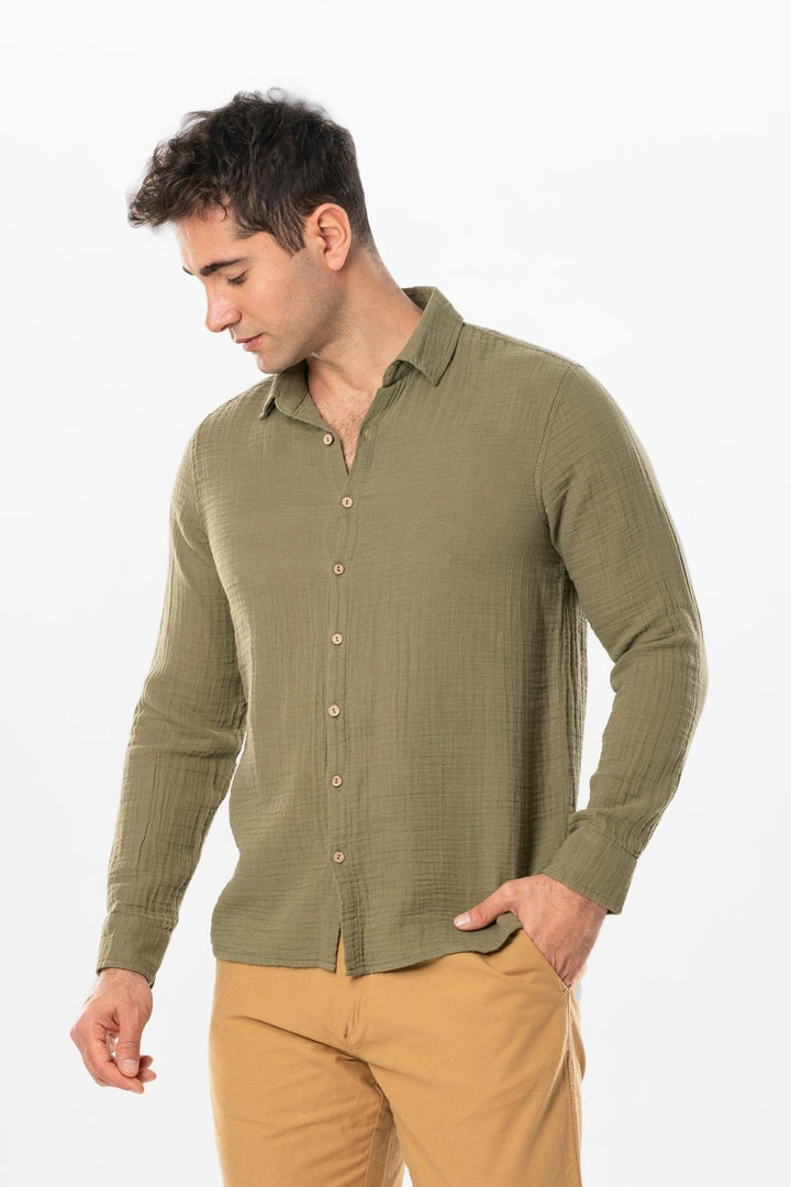 Men - Dark Khaki Gauze Long Sleeve Shirt