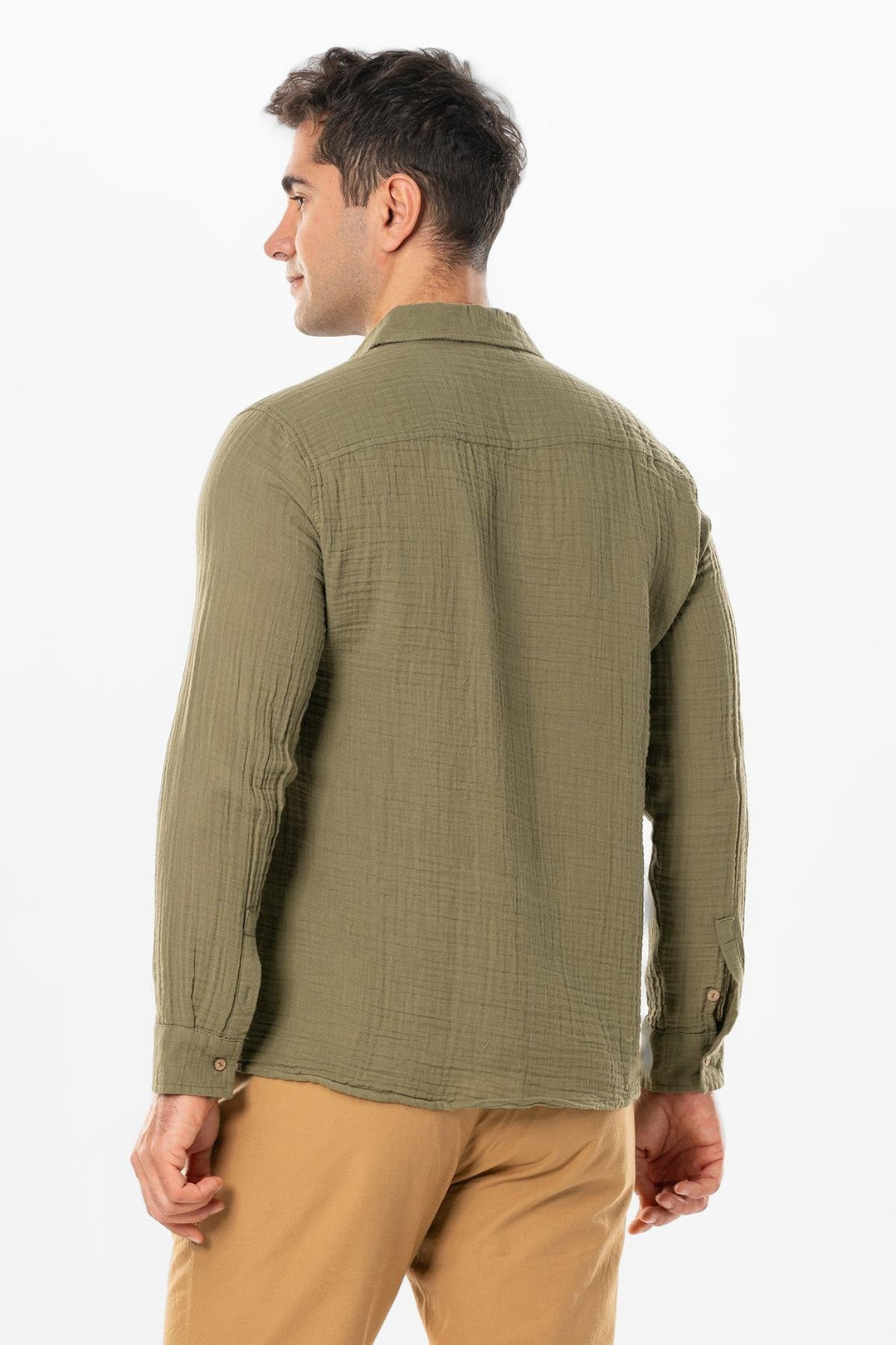 Men - Dark Khaki Gauze Long Sleeve Shirt