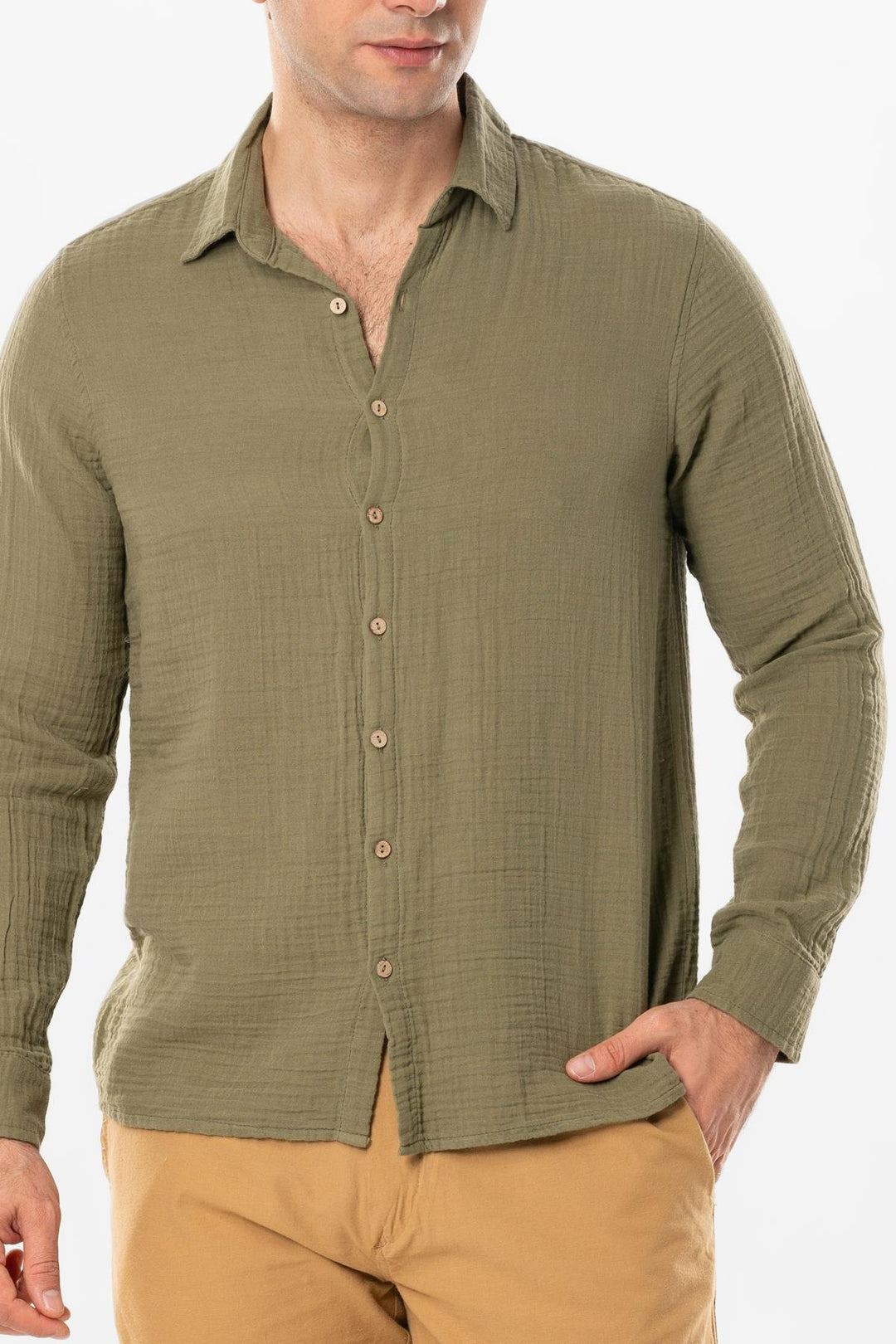 Men - Dark Khaki Gauze Long Sleeve Shirt