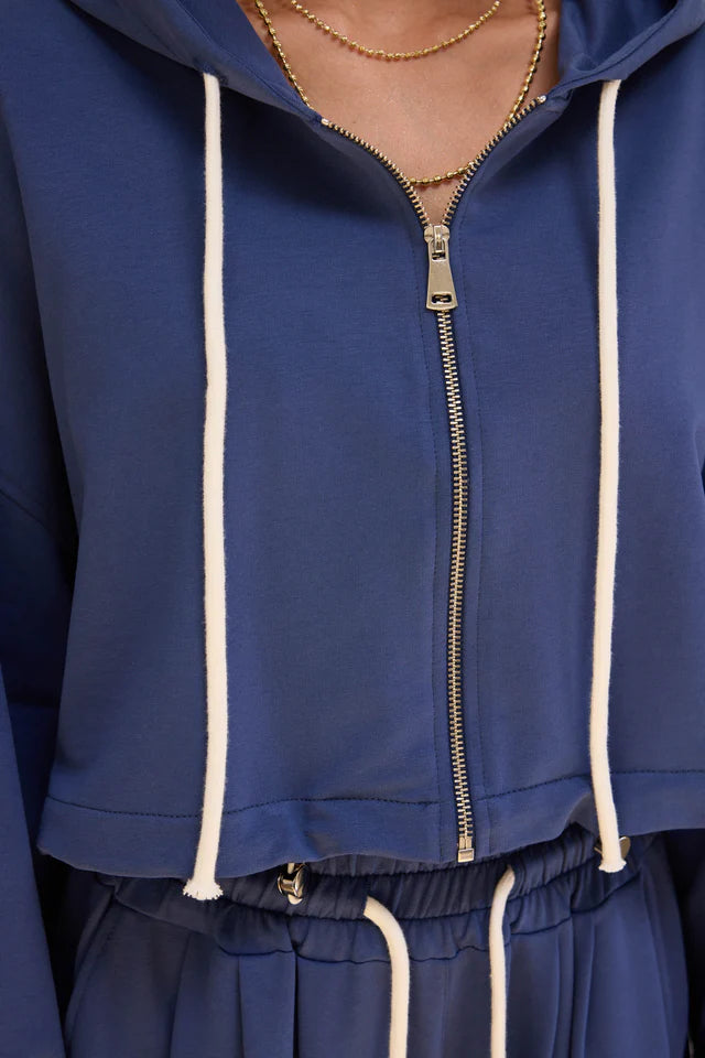 relaxed fit navy cropped cardigan hoodie on model