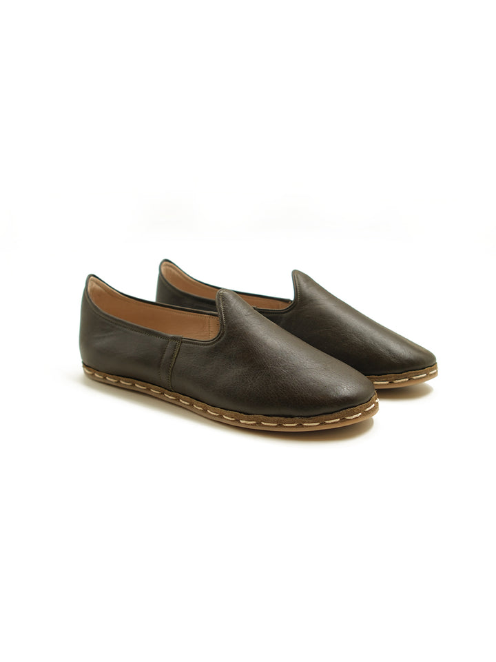 Women's Dark Olive Slip On Shoes - Leather