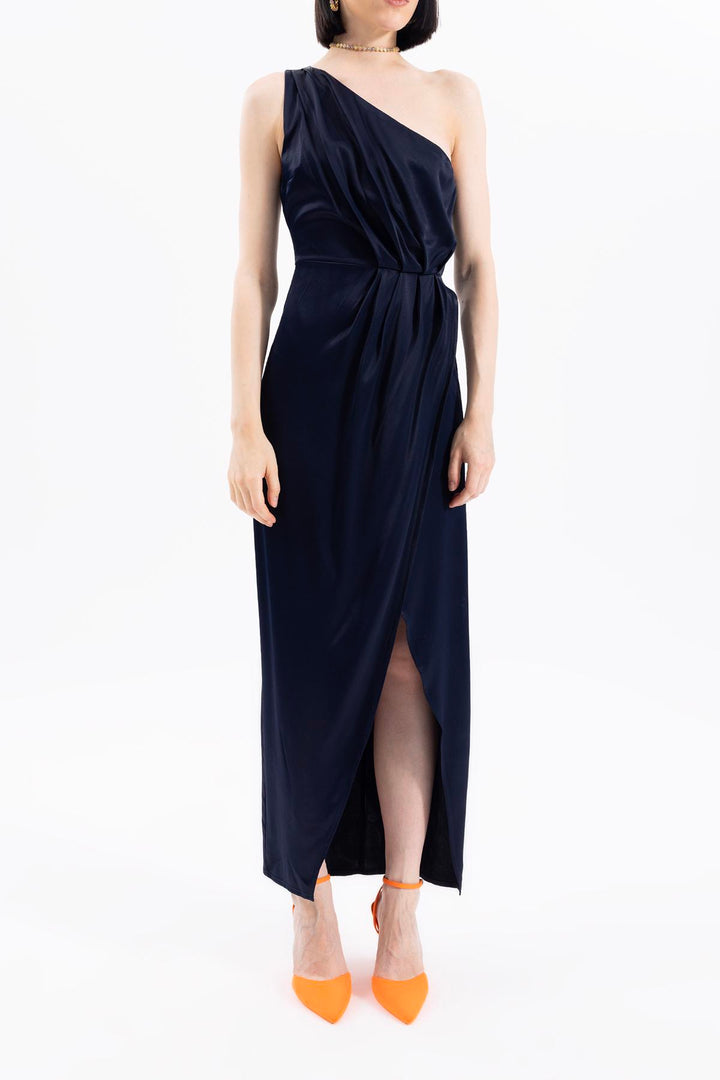 One Shoulder Satin Long Dress-Navy