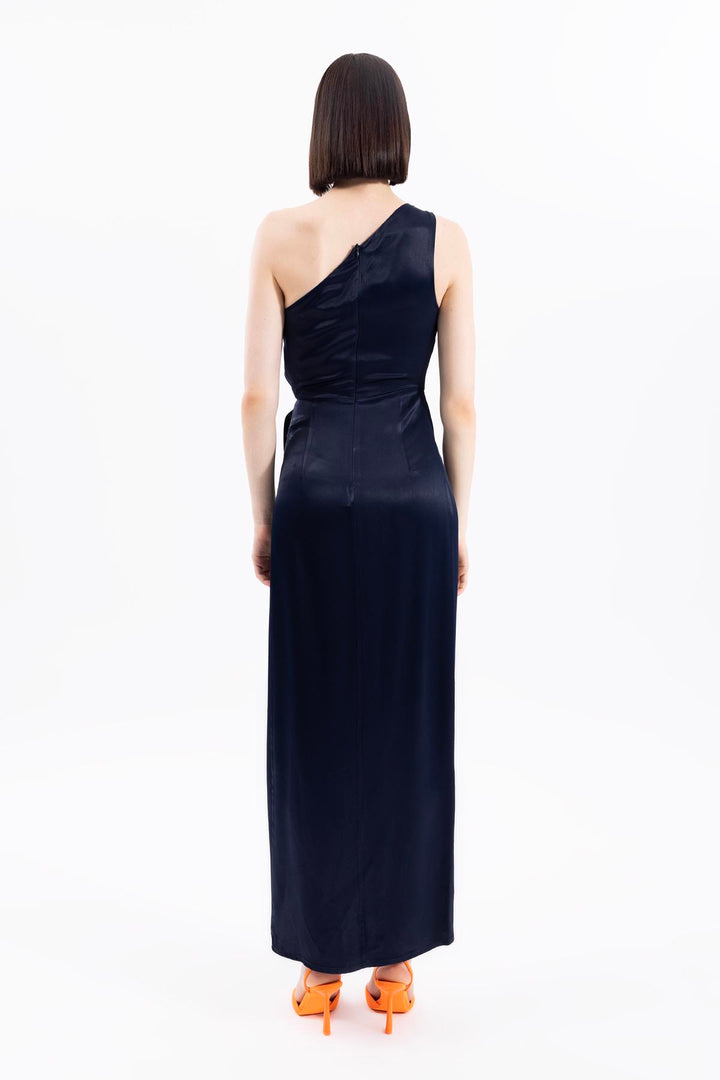 One Shoulder Satin Long Dress-Navy