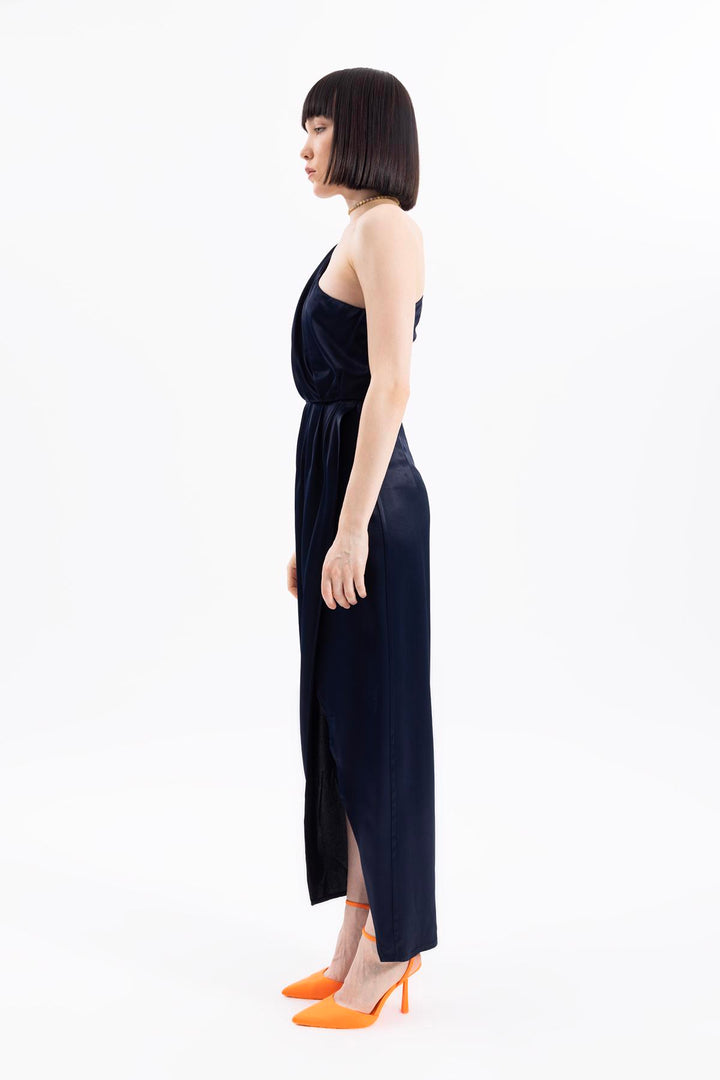 One Shoulder Satin Long Dress-Navy