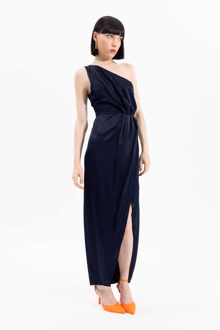 One Shoulder Satin Long Dress-Navy