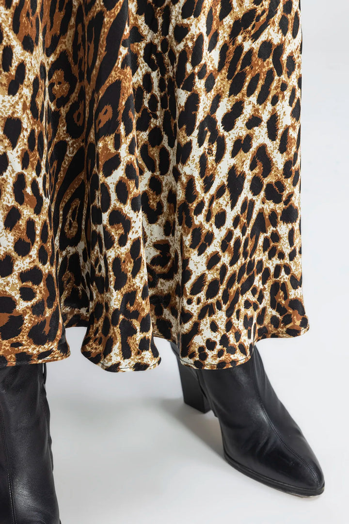 Satin Leopard Long Skirt