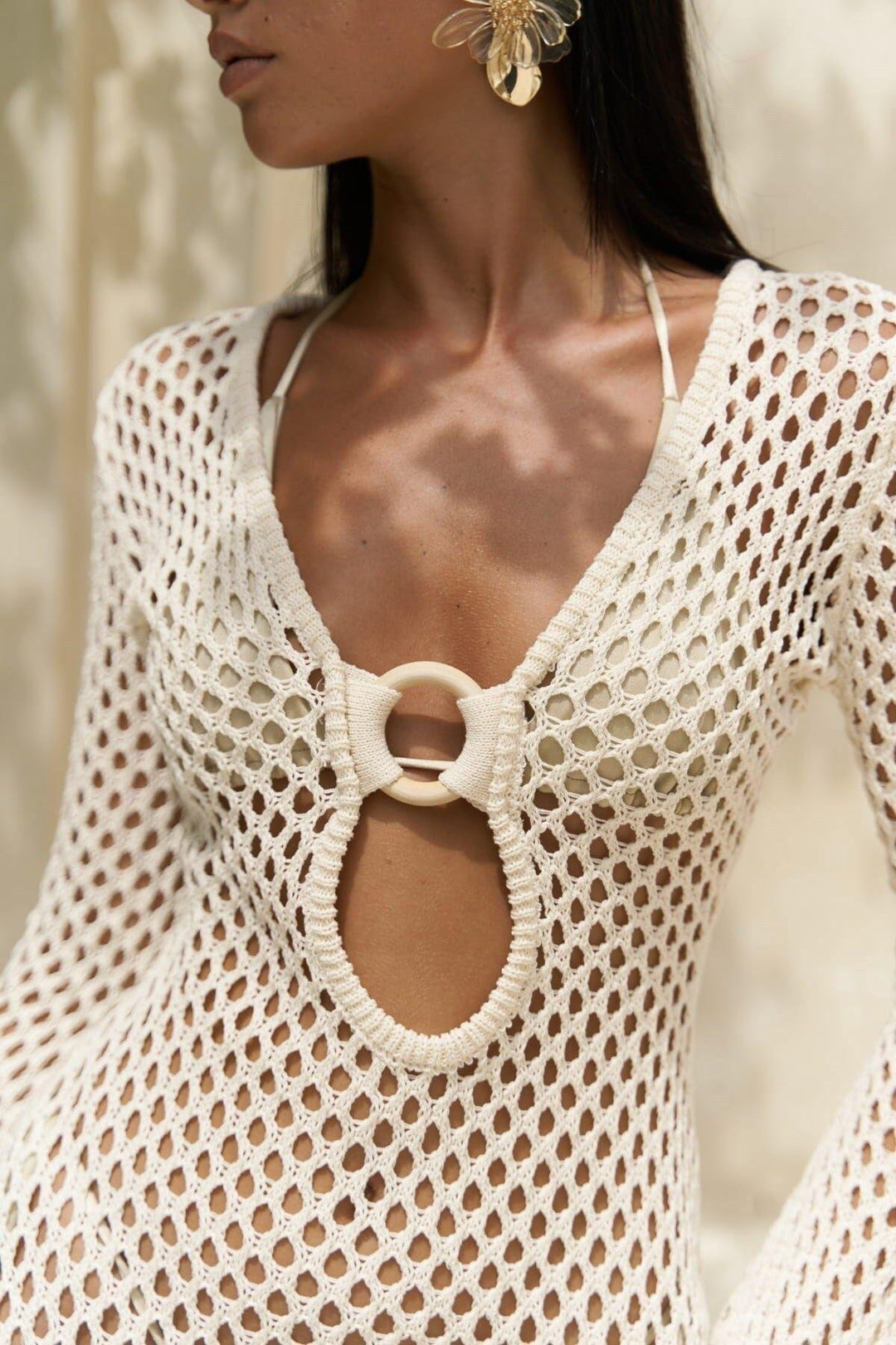 Wooden Ring Detail Knitwear Long Dress - Off White