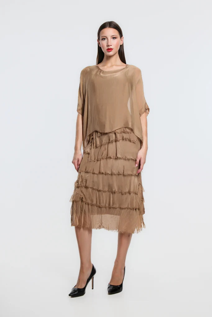 Gail Tiered Silk Ruffle Dress - Camel - Tees By Tina