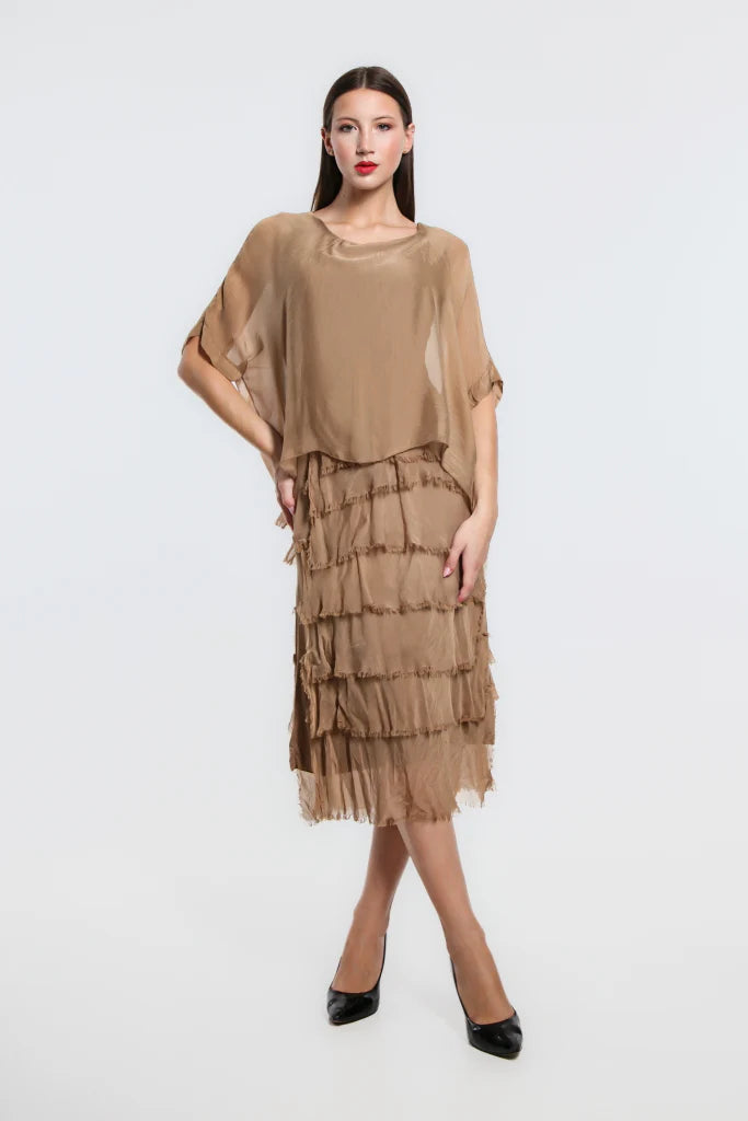 Gail Tiered Silk Ruffle Dress - Camel - Tees By Tina