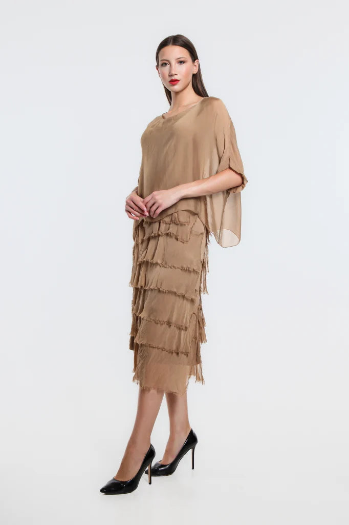 Gail Tiered Silk Ruffle Dress - Camel - Tees By Tina