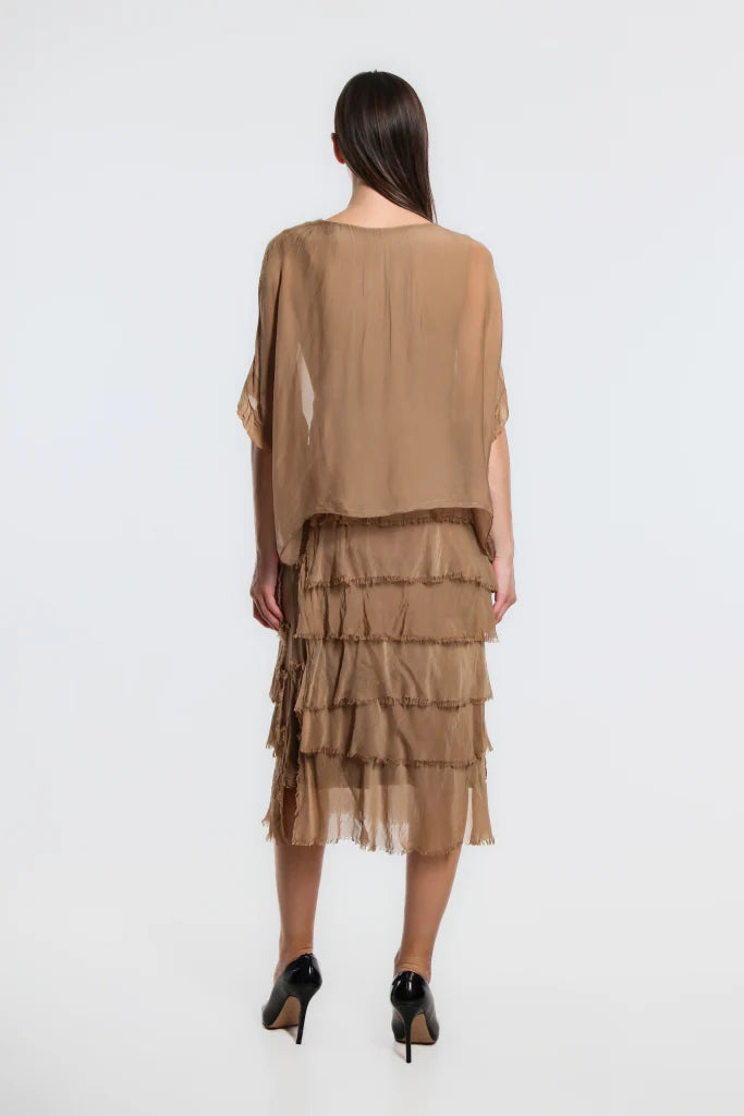 Gail Tiered Silk Ruffle Dress - Camel - Tees By Tina