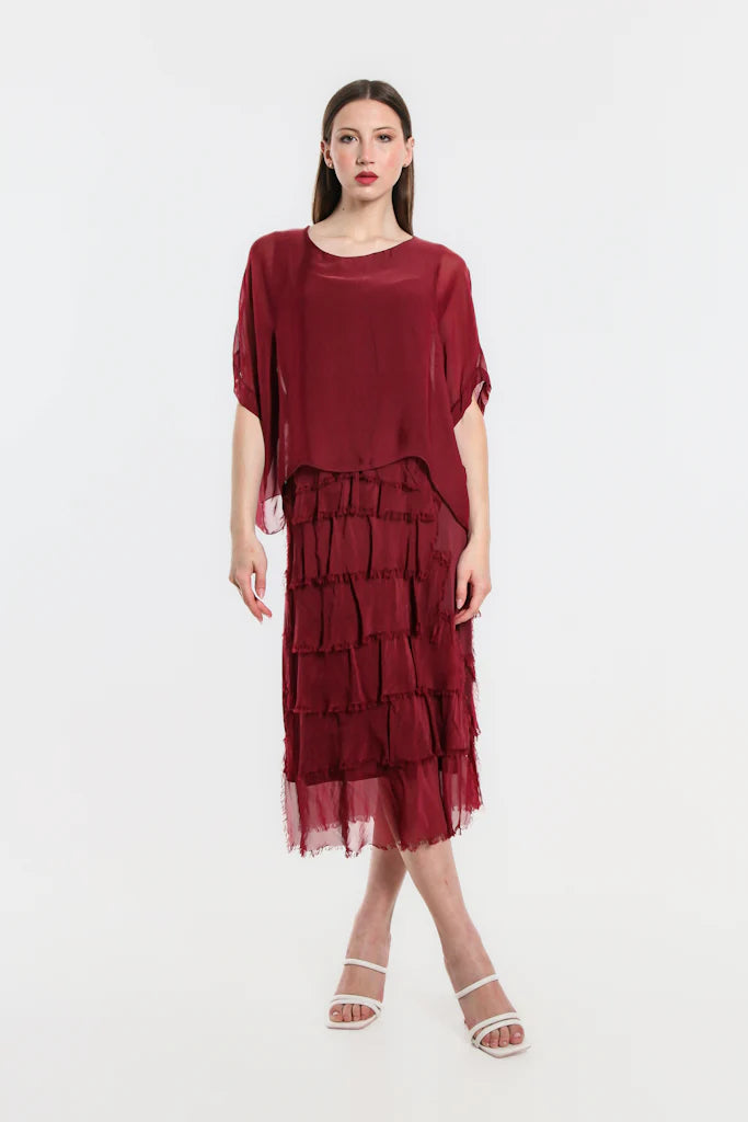 Gail Tiered Silk Ruffle Dress - Burgundy - Tees By Tina