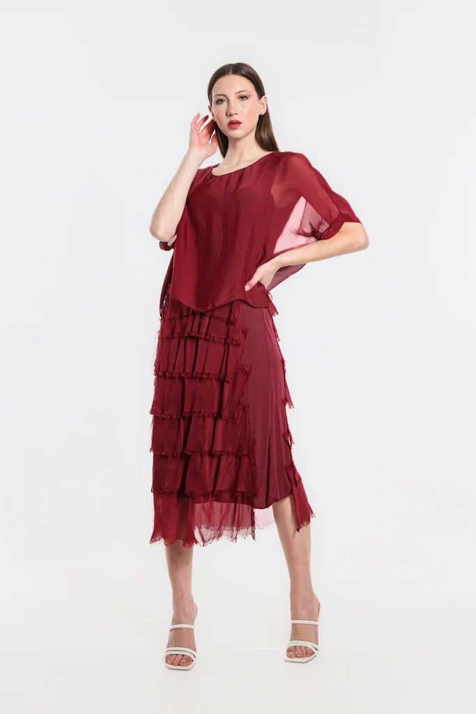 Gail Tiered Silk Ruffle Dress - Burgundy - Tees By Tina