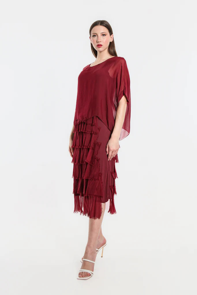 Gail Tiered Silk Ruffle Dress - Burgundy - Tees By Tina